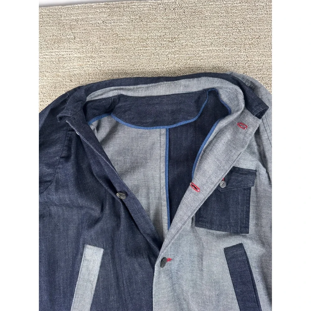 Two Tone Denim Long Coat Blue Grey Colorblock Button Up Duster Jacket
